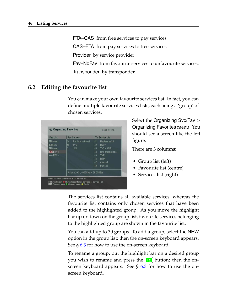 2 editing the favourite list, Editing the favourite list | Topfield High Defninition Digital Satellite Receiver HV7700 HSCI User Manual | Page 52 / 64