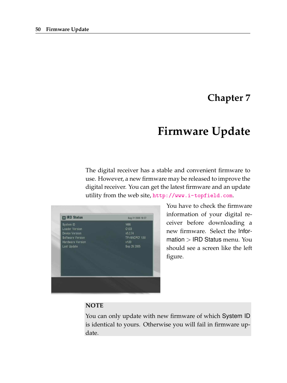 7 firmware update, Firmware update, Chapter 7 | Topfield High Defninition Digital Satellite Receiver HV7700 HSCI User Manual | Page 56 / 64