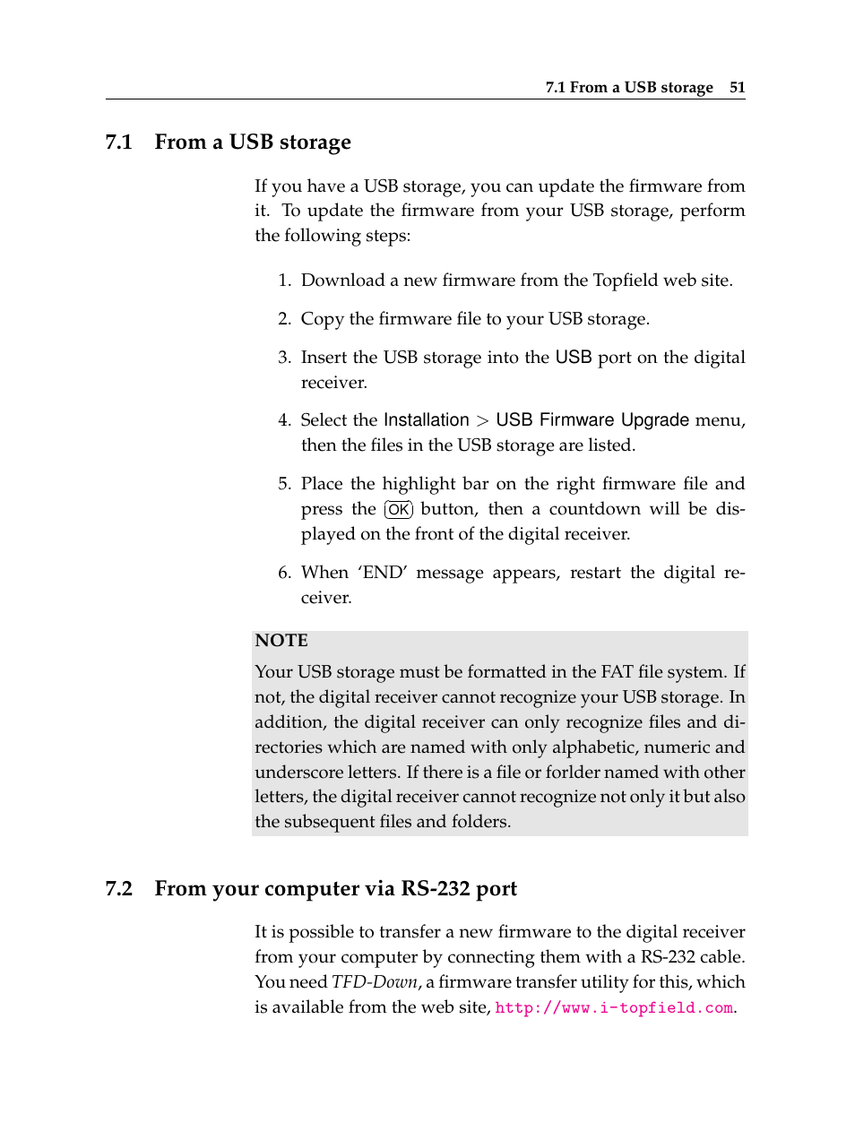 1 from a usb storage, 2 from your computer via rs-232 port, From a usb storage | From your computer via rs-232 port | Topfield High Defninition Digital Satellite Receiver HV7700 HSCI User Manual | Page 57 / 64