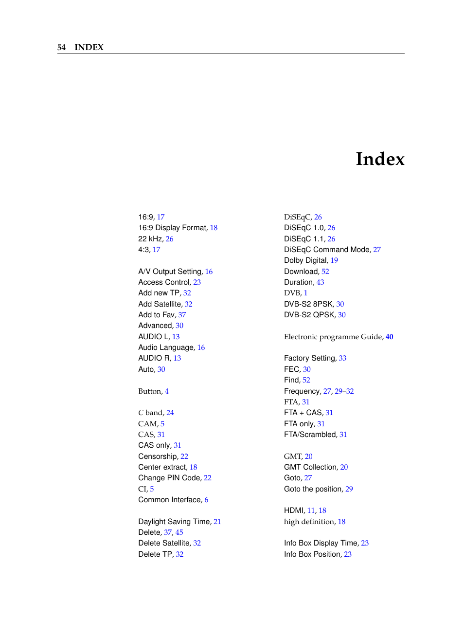 Index | Topfield High Defninition Digital Satellite Receiver HV7700 HSCI User Manual | Page 60 / 64