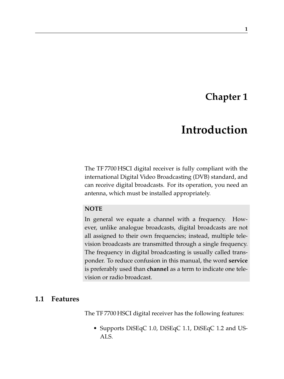 1 introduction, 1 features, Introduction | Features, Chapter 1 | Topfield High Defninition Digital Satellite Receiver HV7700 HSCI User Manual | Page 7 / 64
