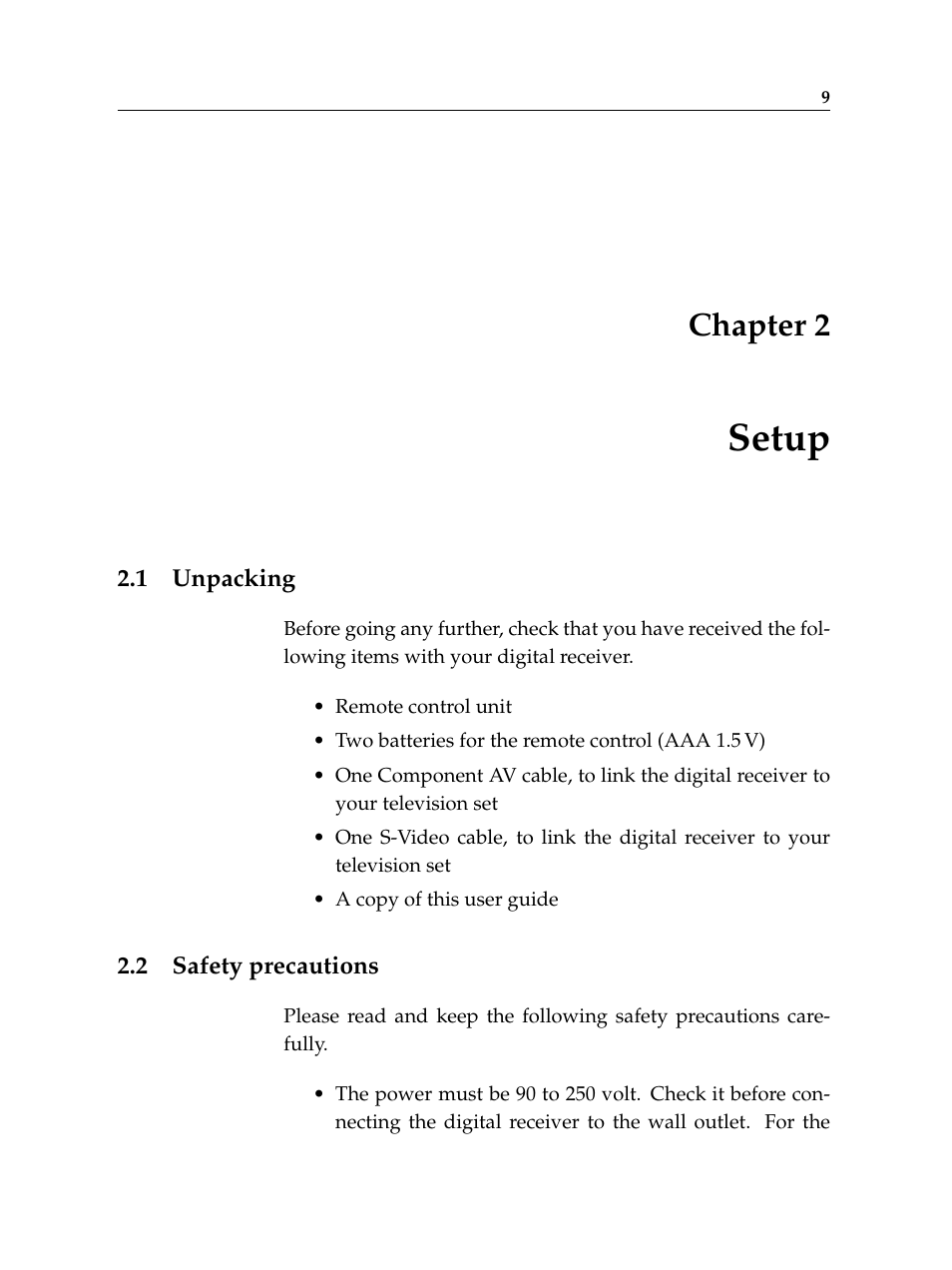 2 setup, 1 unpacking, 2 safety precautions | Setup, Unpacking, Safety precautions, Chapter 2 | Topfield TF 5400 PVR User Manual | Page 15 / 92