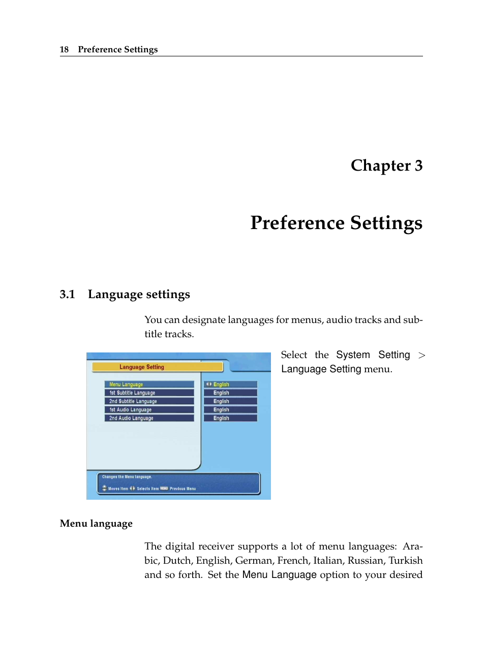 3 preference settings, 1 language settings, Preference settings | Language settings, Chapter 3 | Topfield TF 5400 PVR User Manual | Page 24 / 92