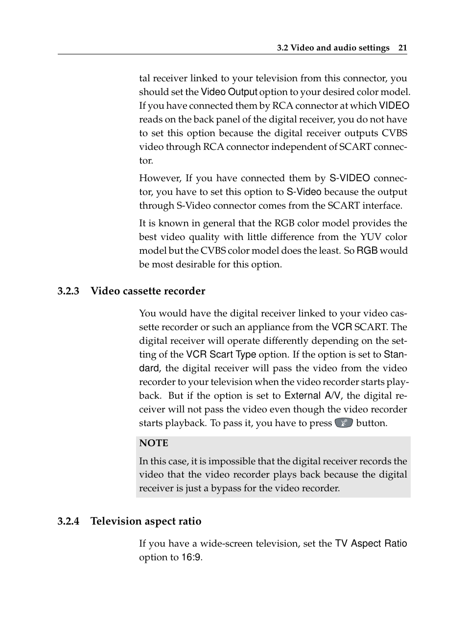 3 video cassette recorder, 4 television aspect ratio, Video cassette recorder | Television aspect ratio | Topfield TF 5400 PVR User Manual | Page 27 / 92