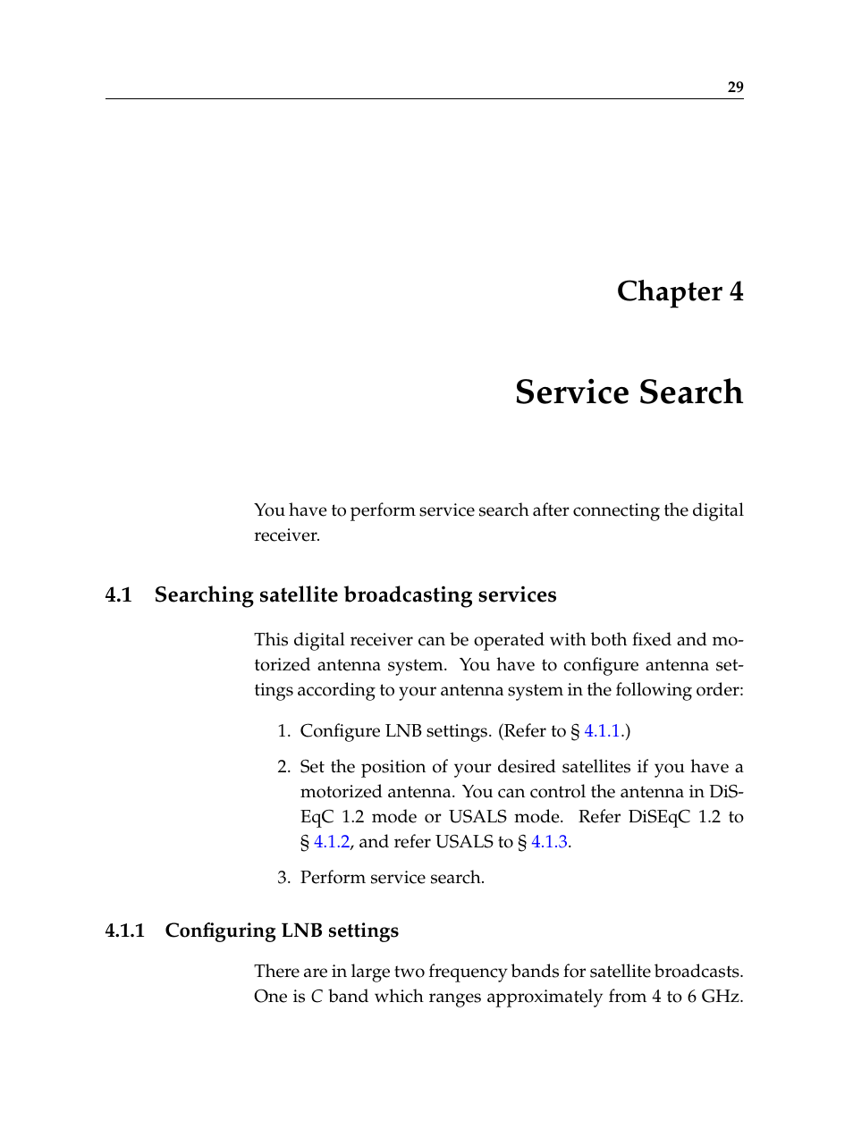 4 service search, 1 searching satellite broadcasting services, 1 configuring lnb settings | Service search, Searching satellite broadcasting services, Configuring lnb settings, Chapter 4 | Topfield TF 5400 PVR User Manual | Page 35 / 92