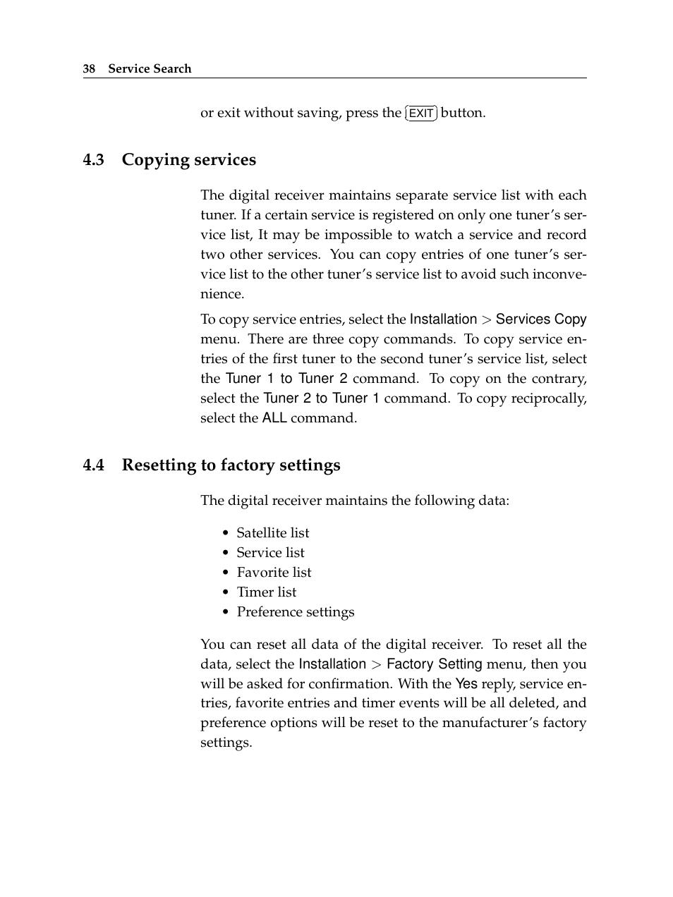 3 copying services, 4 resetting to factory settings, Copying services | Resetting to factory settings | Topfield TF 5400 PVR User Manual | Page 44 / 92