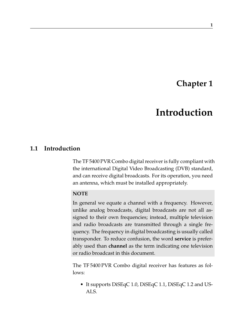 1 introduction, Introduction, Chapter 1 | Topfield TF 5400 PVR User Manual | Page 7 / 92