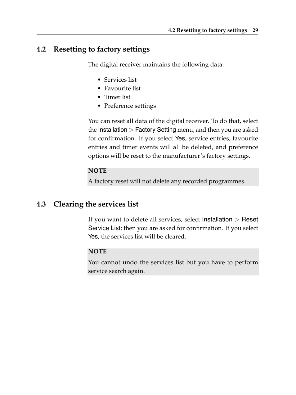 2 resetting to factory settings, 3 clearing the services list, Resetting to factory settings | Clearing the services list | Topfield TF 500 PVRC User Manual | Page 35 / 78