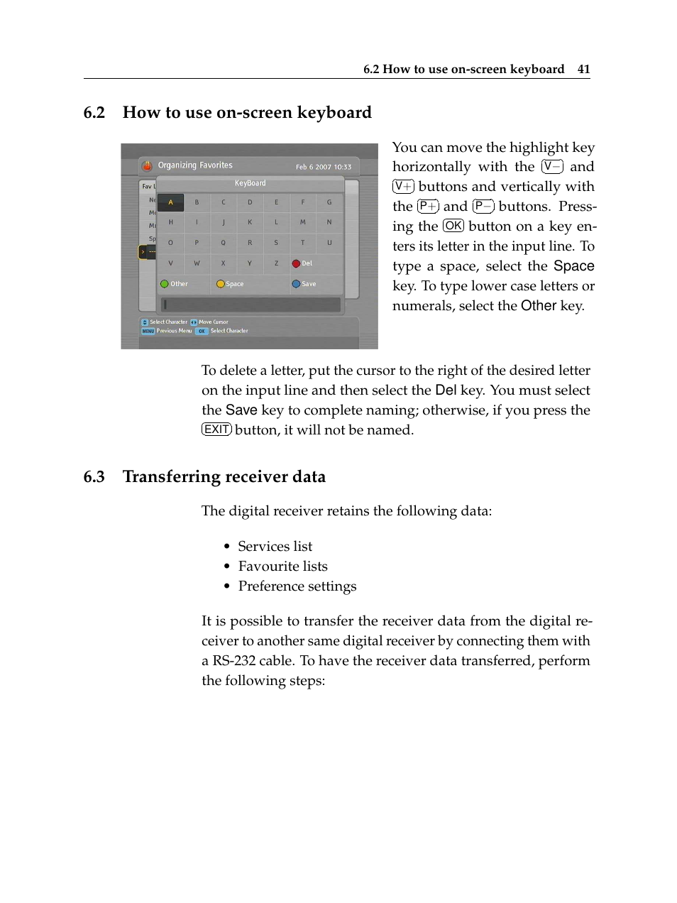 2 how to use on-screen keyboard, 3 transferring receiver data, How to use on-screen keyboard | Transferring receiver data | Topfield TF 500 PVRC User Manual | Page 47 / 78