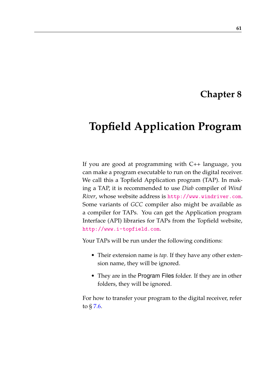 8 topfield application program, Topfield application program, Chapter 8 | Topfield TF 500 PVRC User Manual | Page 67 / 78