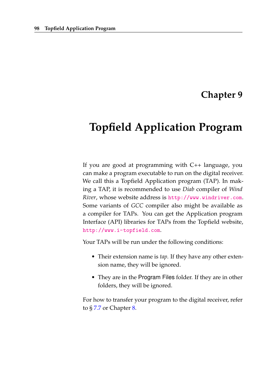 9 topfield application program, Topfield application program, Chapter 9 | Topfield TF 6000 PVR User Manual | Page 106 / 120