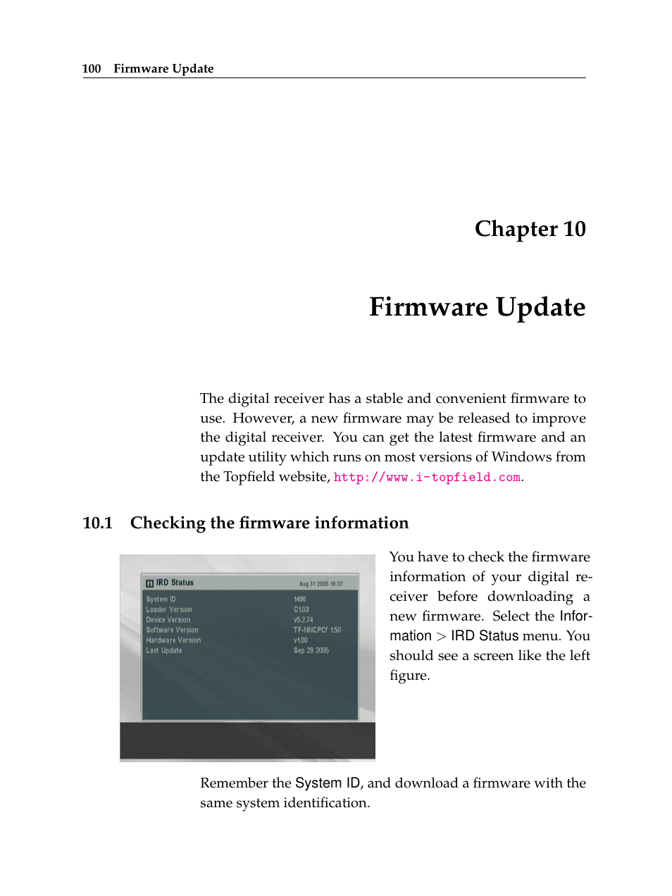 10 firmware update, 1 checking the firmware information, Firmware update | Chapter 10 | Topfield TF 6000 PVR User Manual | Page 108 / 120
