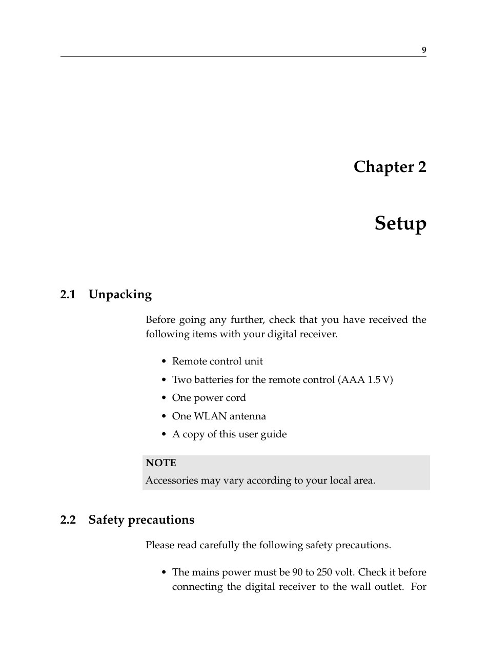 2 setup, 1 unpacking, 2 safety precautions | Setup, Unpacking, Safety precautions, Chapter 2 | Topfield TF 6000 PVR User Manual | Page 17 / 120