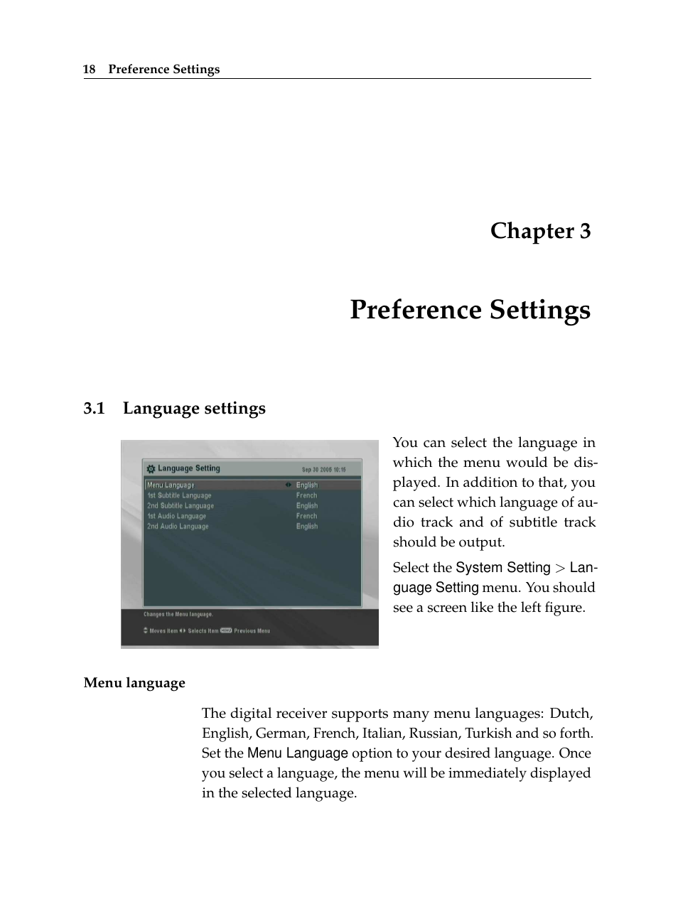 3 preference settings, 1 language settings, Preference settings | Language settings, Chapter 3 | Topfield TF 6000 PVR User Manual | Page 26 / 120