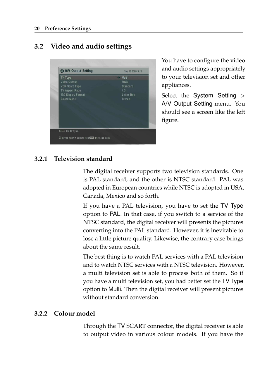 2 video and audio settings, 1 television standard, 2 colour model | Video and audio settings, Television standard, Colour model | Topfield TF 6000 PVR User Manual | Page 28 / 120