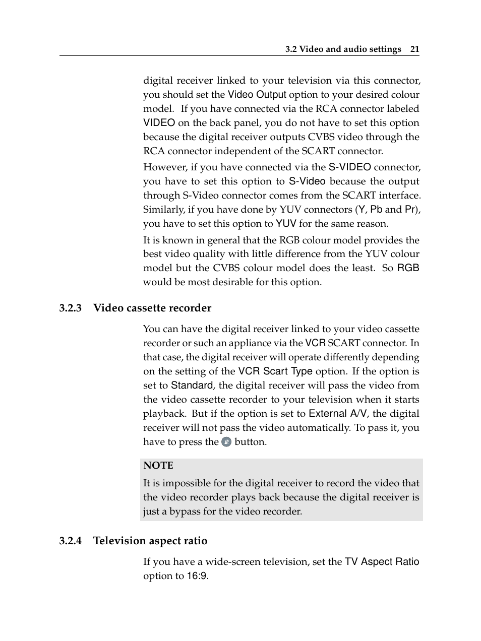 3 video cassette recorder, 4 television aspect ratio, Video cassette recorder | Television aspect ratio | Topfield TF 6000 PVR User Manual | Page 29 / 120