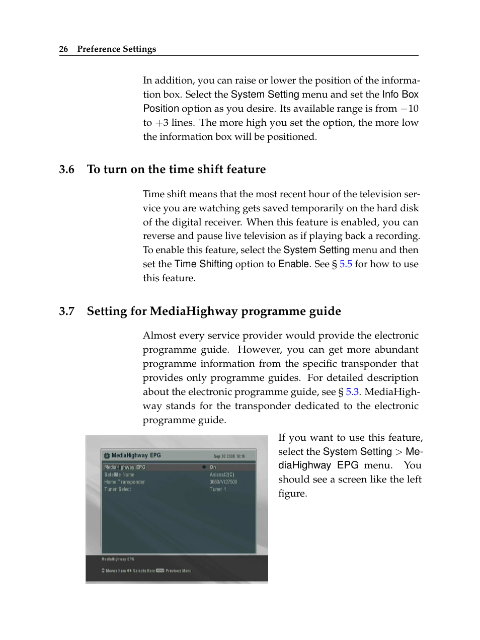 6 to turn on the time shift feature, 7 setting for mediahighway programme guide, To turn on the time shift feature | Setting for mediahighway programme guide | Topfield TF 6000 PVR User Manual | Page 34 / 120