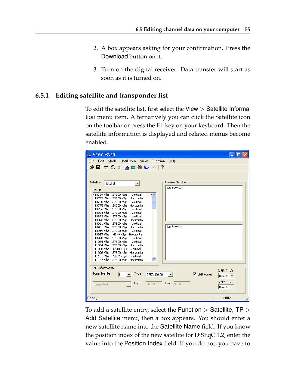 1 editing satellite and transponder list, Editing satellite and transponder list | Topfield TF 6000 PVR User Manual | Page 63 / 120