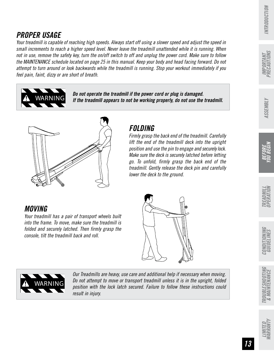 Proper usage, Folding, Moving | Warning | Triumph 700T User Manual | Page 12 / 26