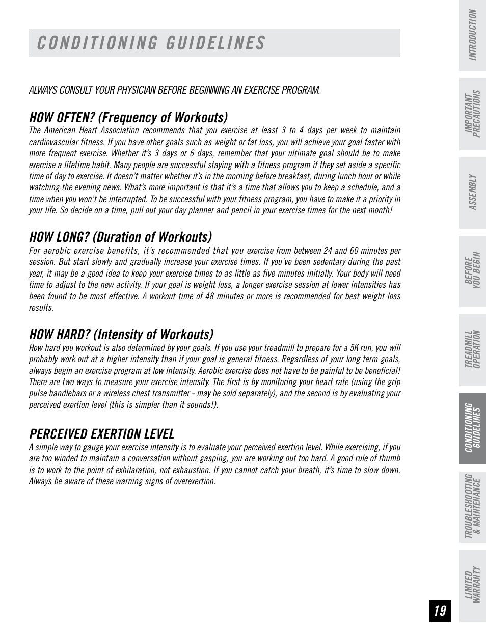 Conditioning guidelines, How often? (frequency of workouts), How long? (duration of workouts) | How hard? (intensity of workouts), Perceived exertion level | Triumph 700T User Manual | Page 18 / 26