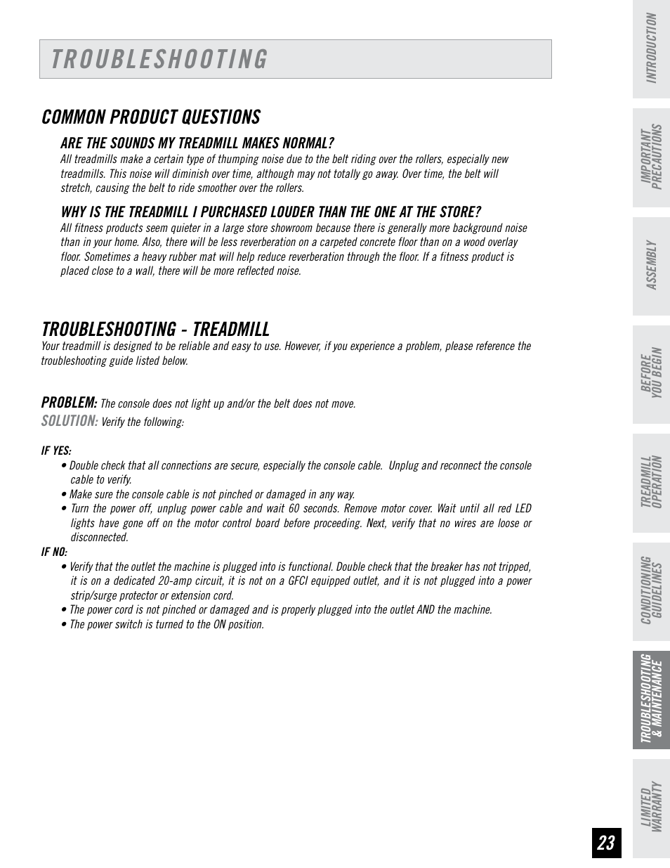 Troubleshooting, Common product questions, Troubleshooting - treadmill | Triumph 700T User Manual | Page 22 / 26