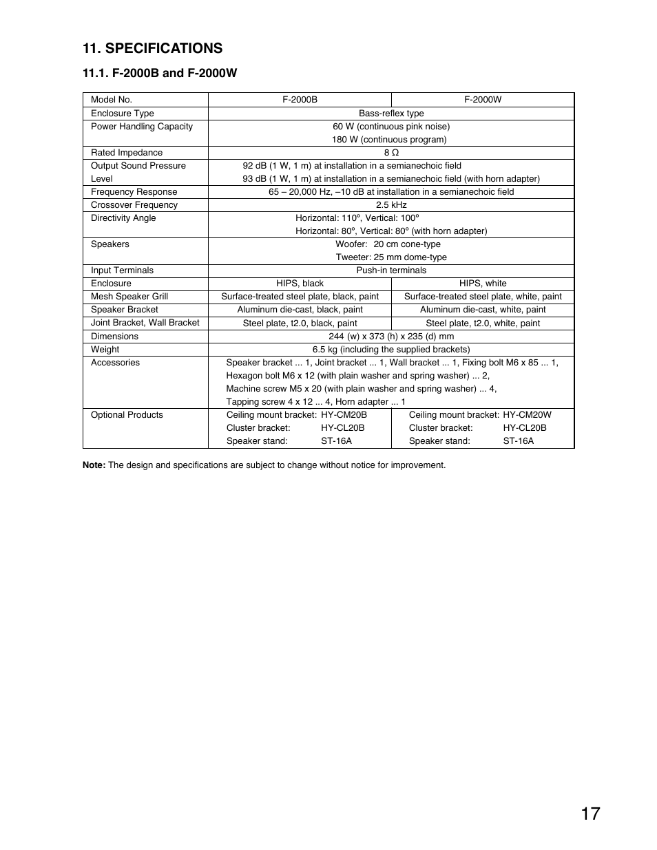 Specifications | TOA Electronics F-2000B User Manual | Page 17 / 20