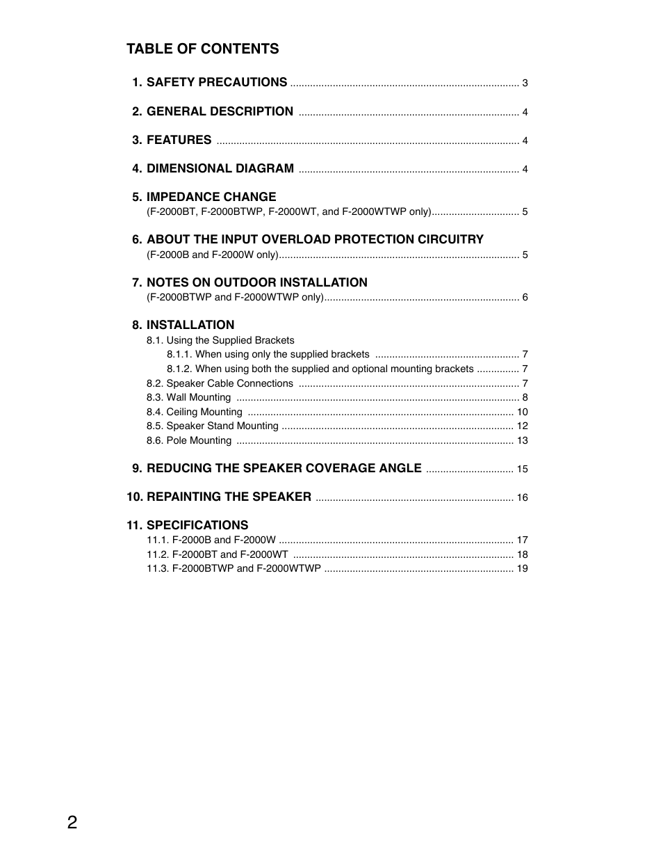 TOA Electronics F-2000B User Manual | Page 2 / 20