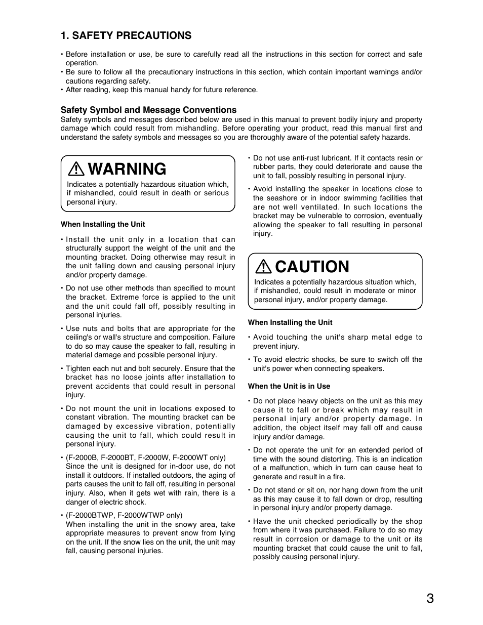 Warning, Caution, Safety precautions | TOA Electronics F-2000B User Manual | Page 3 / 20