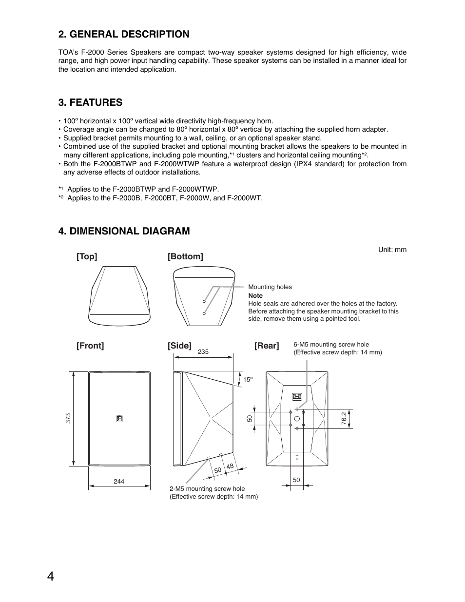 General description, Features, Dimensional diagram | TOA Electronics F-2000B User Manual | Page 4 / 20