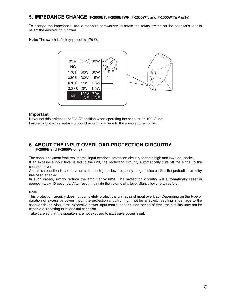 Impedance change, About the input overload protection circuitry | TOA Electronics F-2000B User Manual | Page 5 / 20
