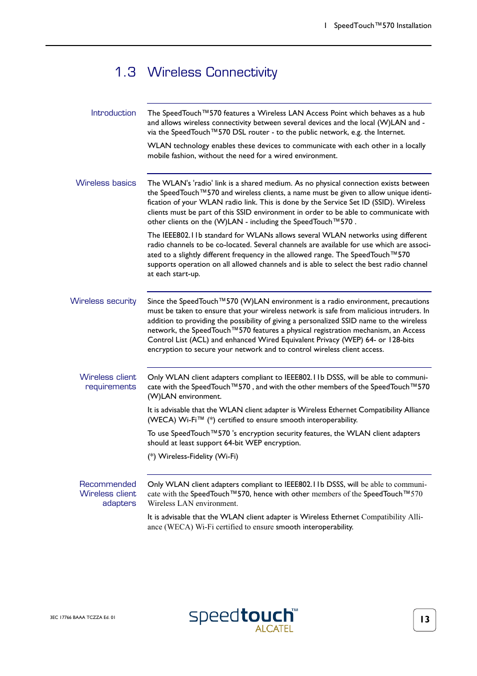 3 wireless connectivity, Introduction, Wireless basics | Wireless security, Wireless client requirements, Recommended wireless client adapters, Wireless connectivity | TOA Electronics SPEEDTOUCH 570 User Manual | Page 13 / 48