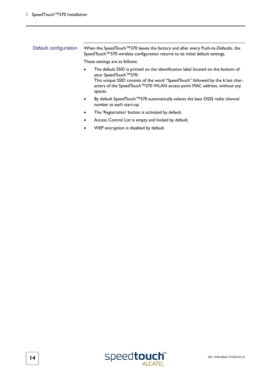 Default configuration | TOA Electronics SPEEDTOUCH 570 User Manual | Page 14 / 48