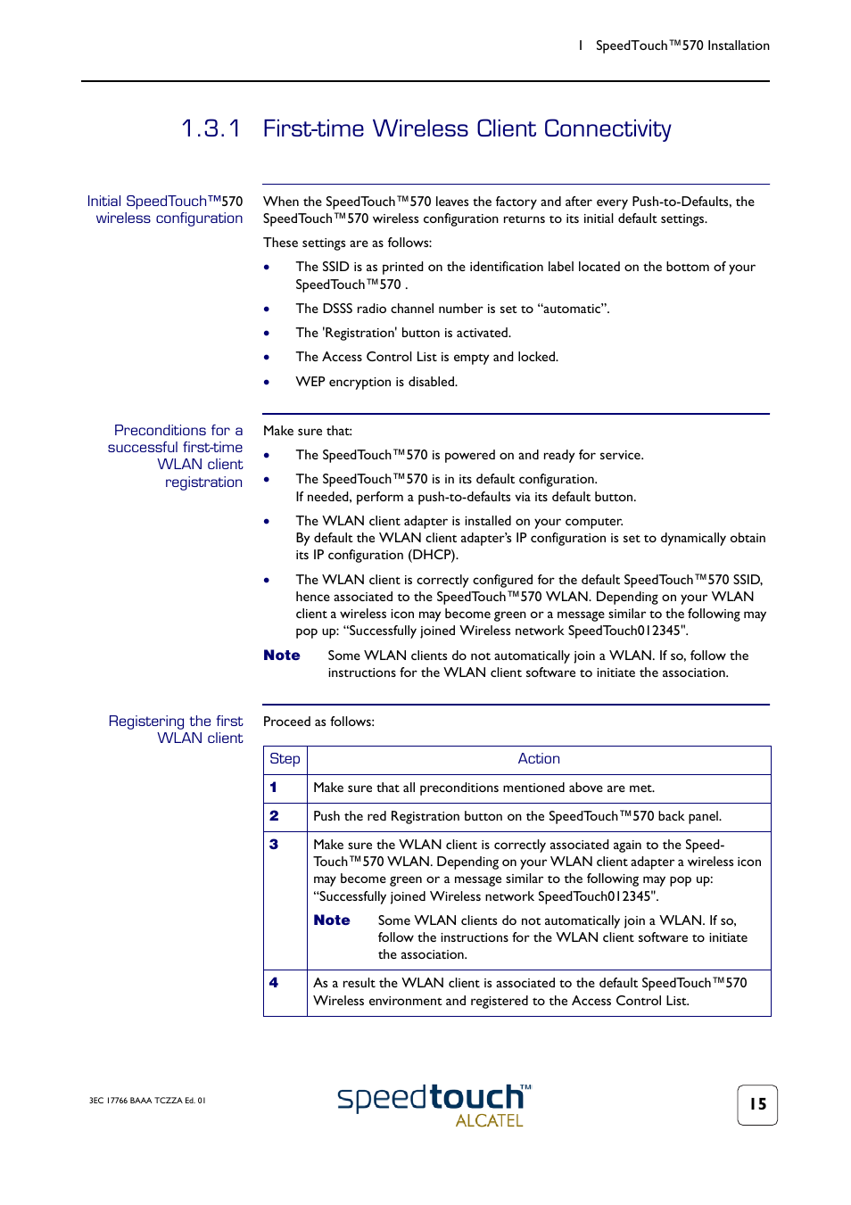 1 first-time wireless client connectivity, Initial speedtouch™570 wireless configuration, Registering the first wlan client | First-time wireless client connectivity | TOA Electronics SPEEDTOUCH 570 User Manual | Page 15 / 48