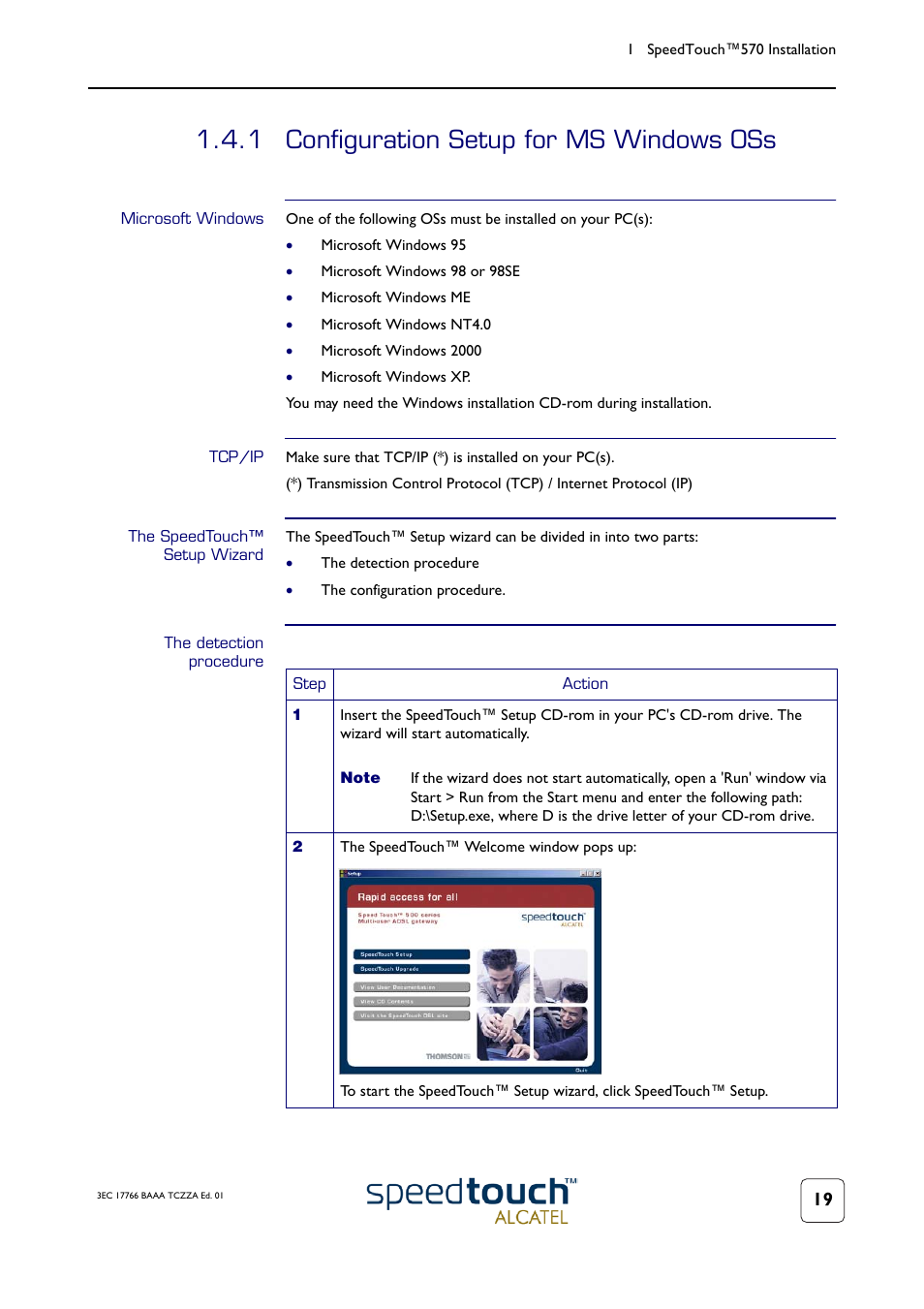 1 configuration setup for ms windows oss, Microsoft windows, Tcp/ip | The speedtouch™ setup wizard, The detection procedure, Configuration setup for ms windows oss, See subsection | TOA Electronics SPEEDTOUCH 570 User Manual | Page 19 / 48