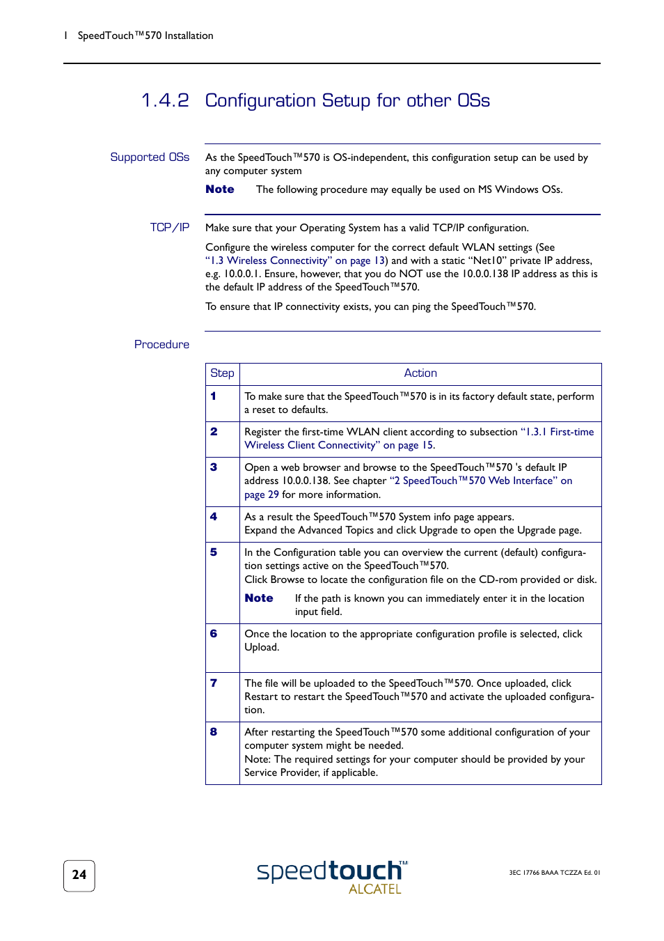 2 configuration setup for other oss, Supported oss, Tcp/ip | Procedure, Configuration setup for other oss, See subsection | TOA Electronics SPEEDTOUCH 570 User Manual | Page 24 / 48