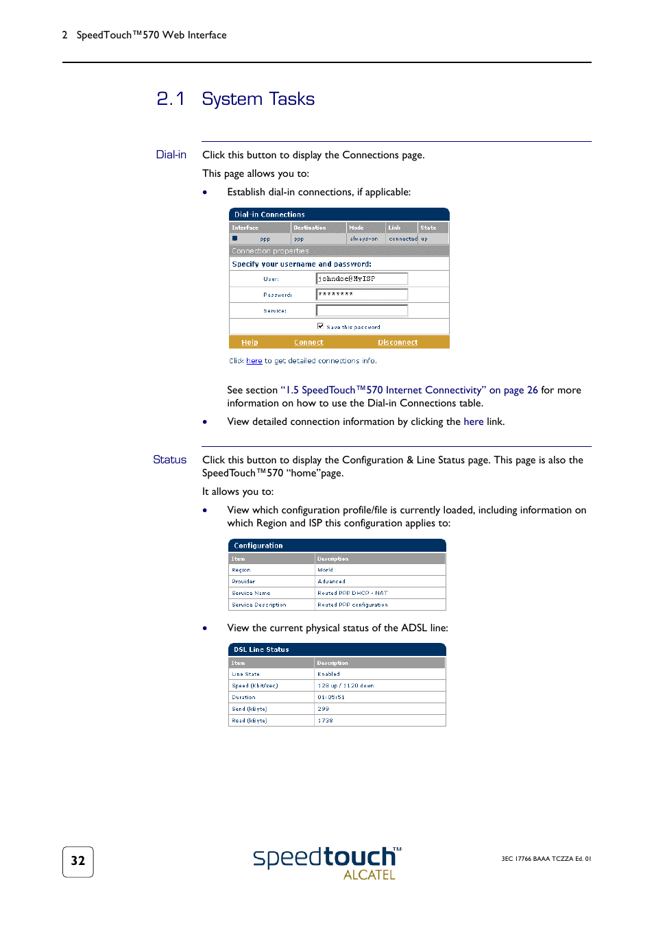 1 system tasks, Dial-in, Status | System tasks | TOA Electronics SPEEDTOUCH 570 User Manual | Page 32 / 48