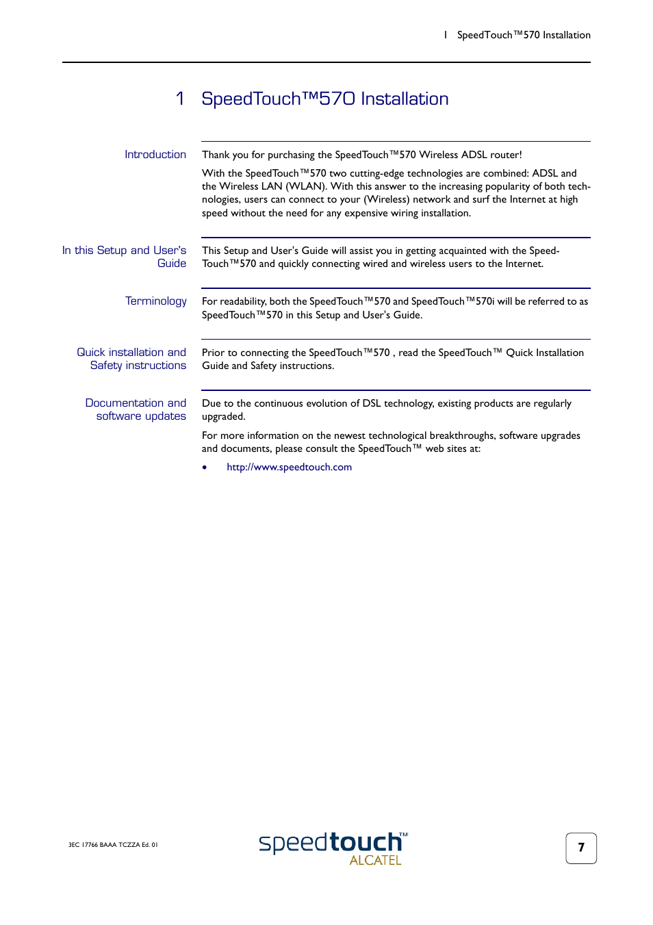 1 speedtouch™570 installation, Introduction, In this setup and user's guide | Terminology, Quick installation and safety instructions, Documentation and software updates, Speedtouch™570 installation | TOA Electronics SPEEDTOUCH 570 User Manual | Page 7 / 48