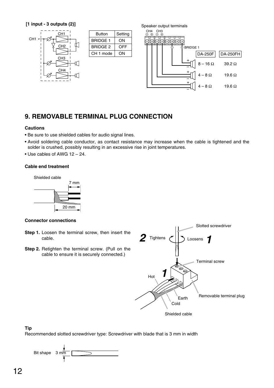 Removable terminal plug connection | TOA Electronics DA-250FH CU User Manual | Page 12 / 20