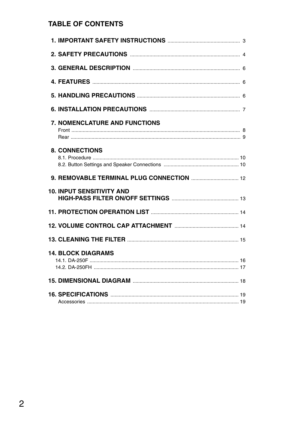 TOA Electronics DA-250FH CU User Manual | Page 2 / 20