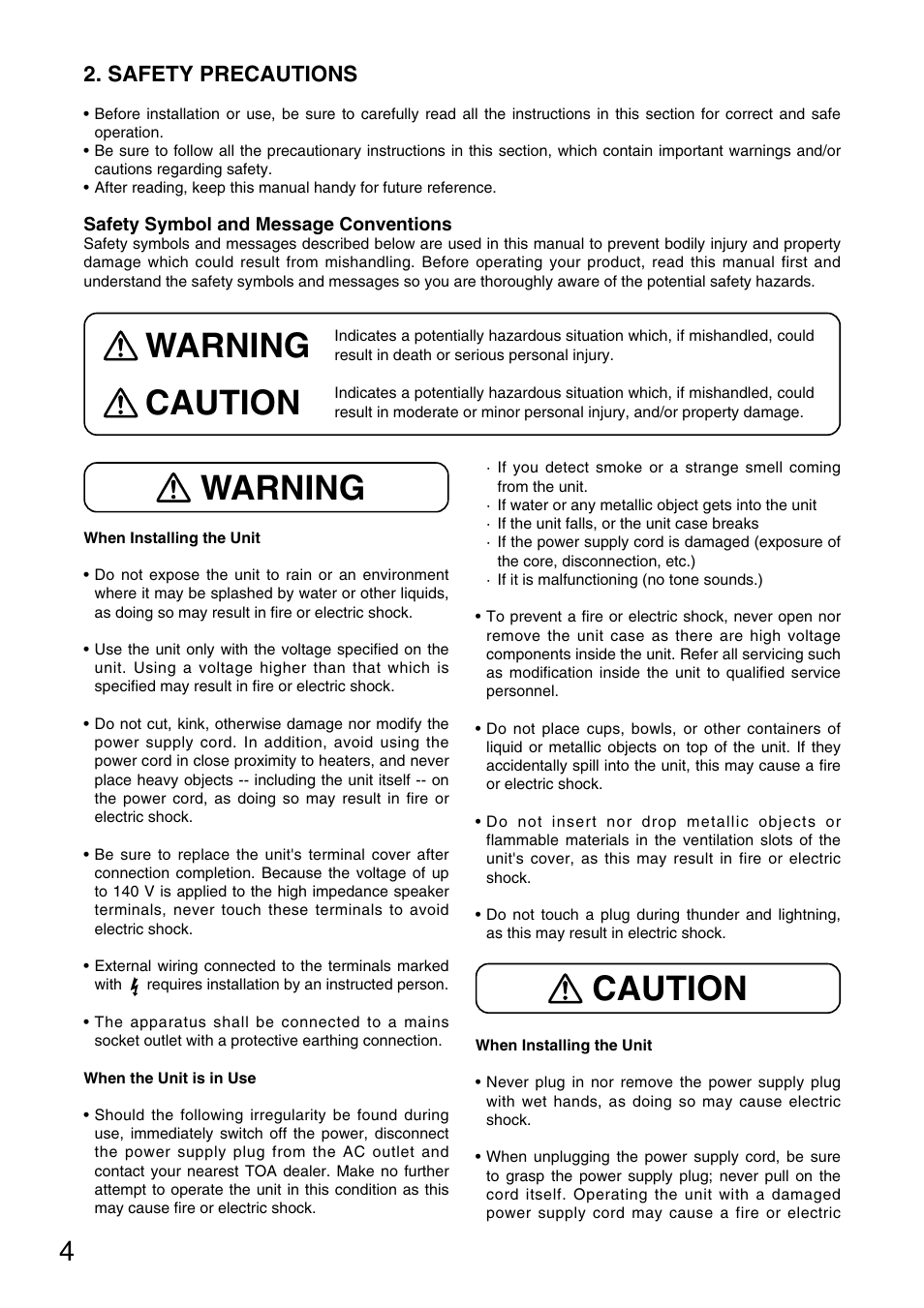 Warning, Warning caution caution, Safety precautions | TOA Electronics DA-250FH CU User Manual | Page 4 / 20