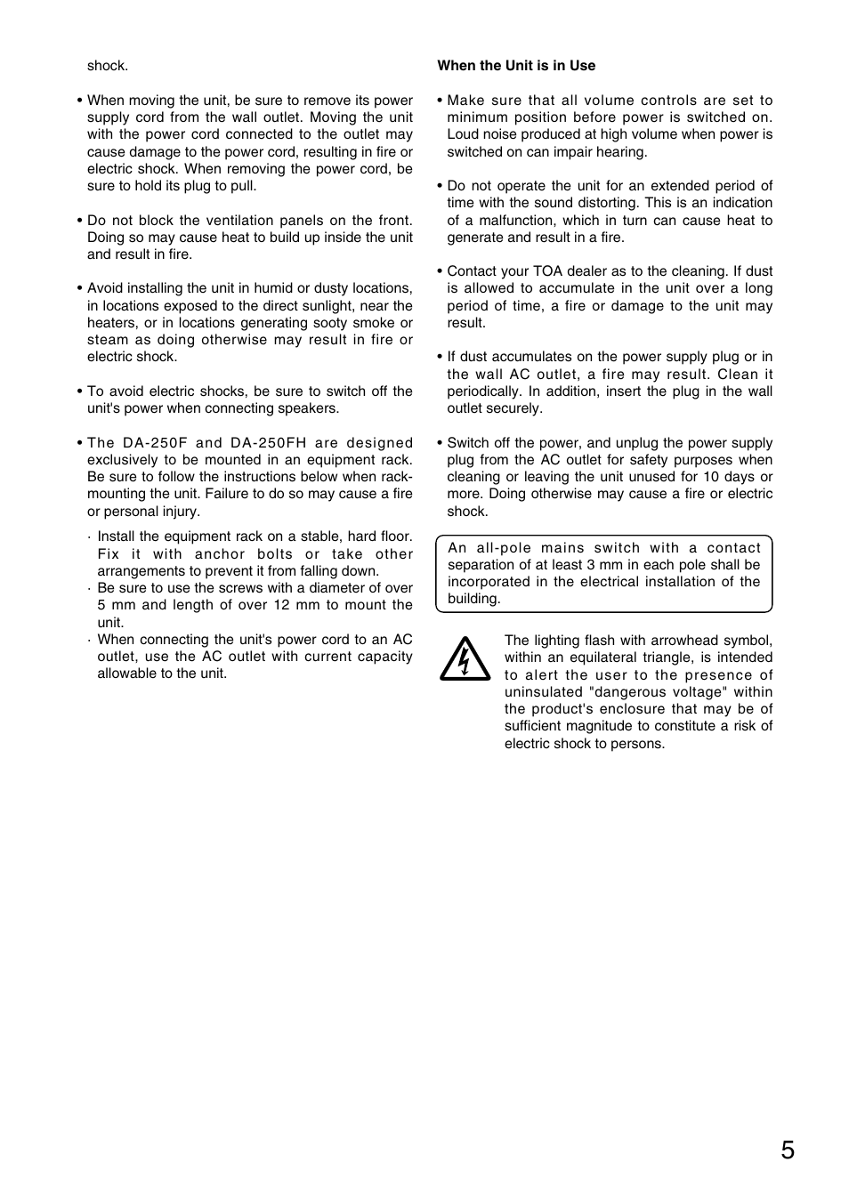 TOA Electronics DA-250FH CU User Manual | Page 5 / 20