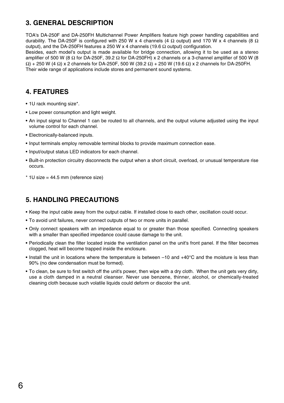 General description, Features, Handling precautions | TOA Electronics DA-250FH CU User Manual | Page 6 / 20