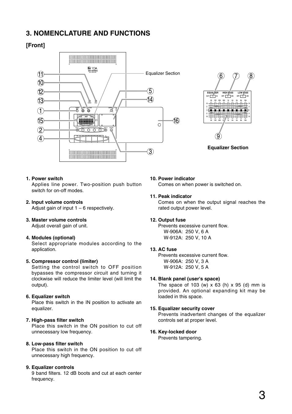 Nomenclature and functions, Front | TOA Electronics W-906A User Manual | Page 3 / 12
