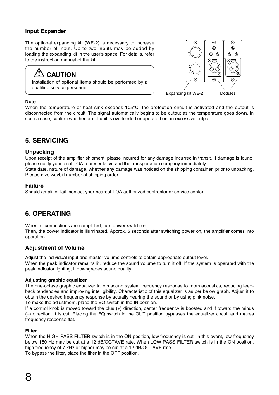 Servicing, Operating, Caution | TOA Electronics W-906A User Manual | Page 8 / 12