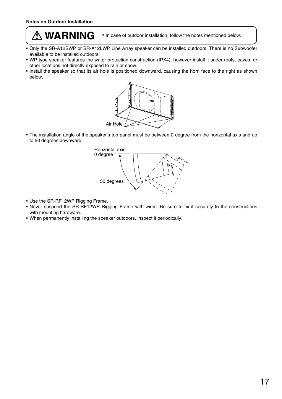 Warning | TOA Electronics SR-A12SWP User Manual | Page 17 / 24