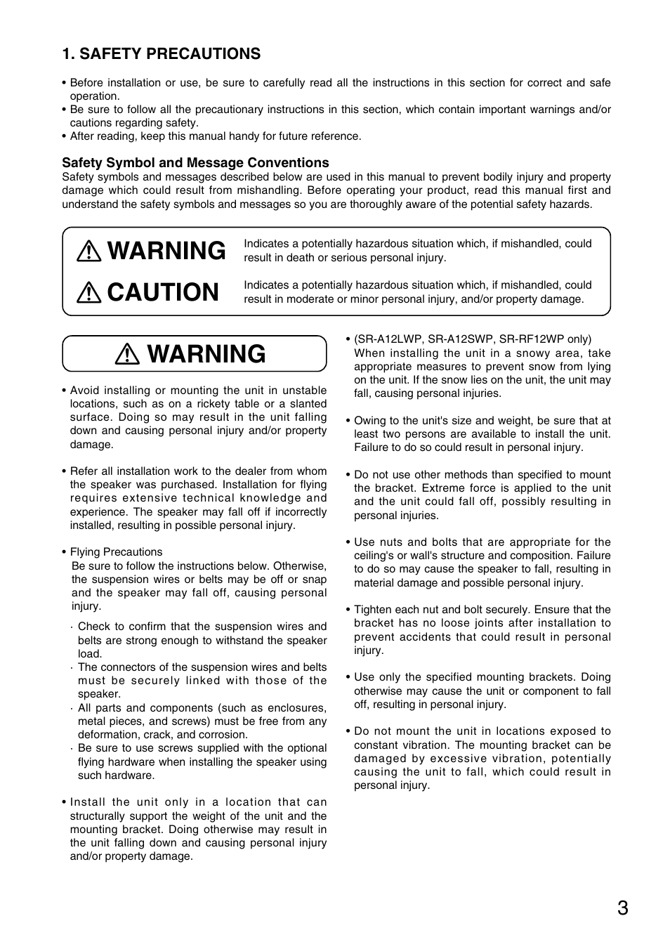 Warning, Warning caution, Safety precautions | TOA Electronics SR-A12SWP User Manual | Page 3 / 24