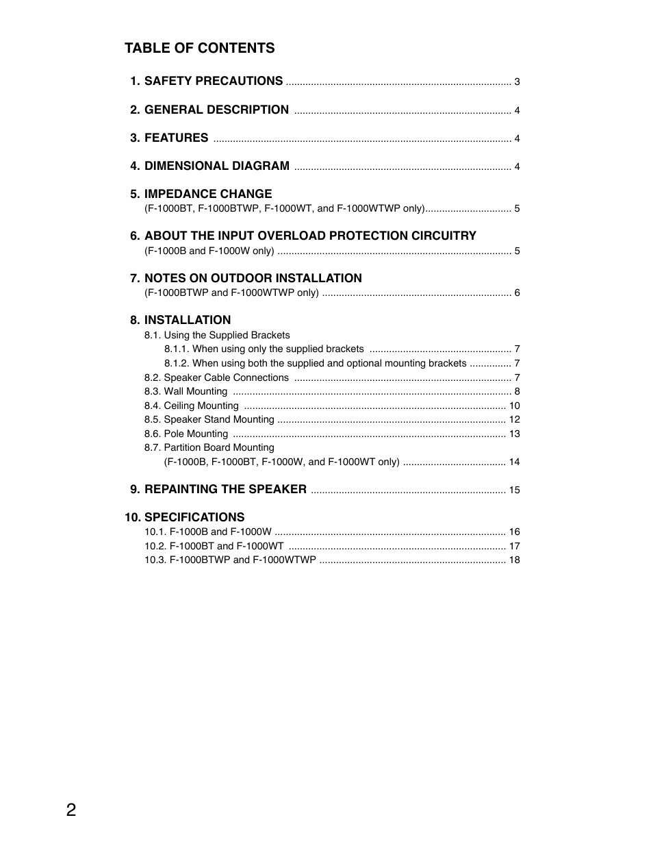 TOA Electronics F-1000W User Manual | Page 2 / 18