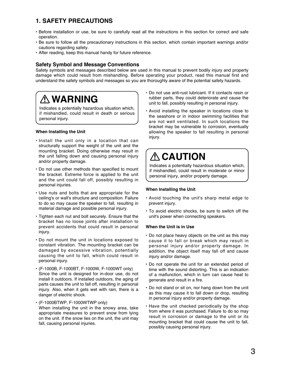 Warning, Caution, Safety precautions | TOA Electronics F-1000W User Manual | Page 3 / 18