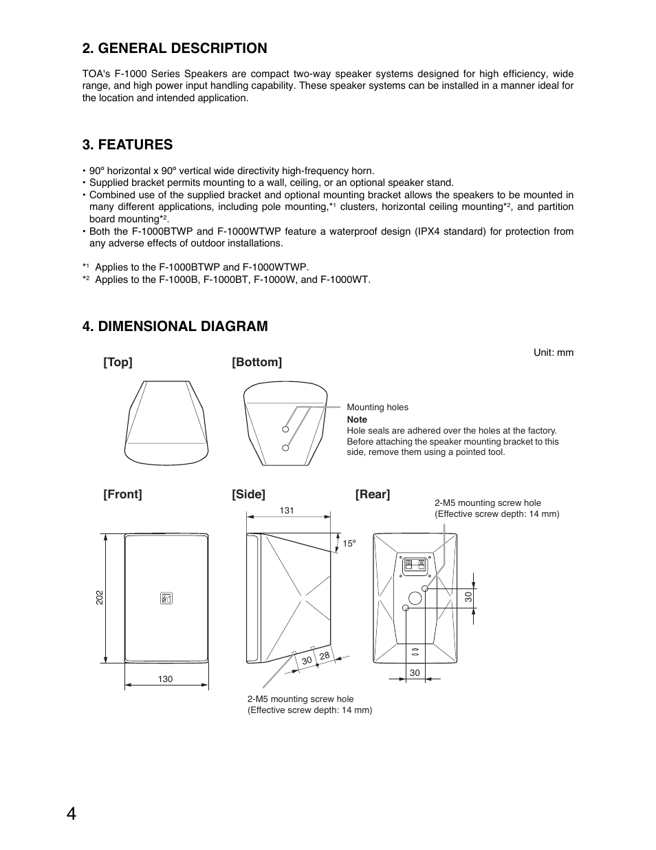 General description, Features, Dimensional diagram | TOA Electronics F-1000W User Manual | Page 4 / 18