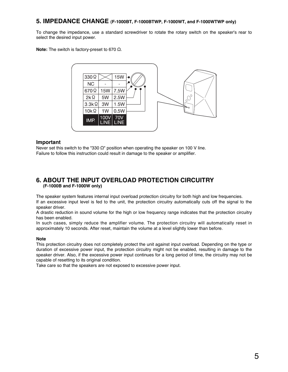 Impedance change, About the input overload protection circuitry | TOA Electronics F-1000W User Manual | Page 5 / 18